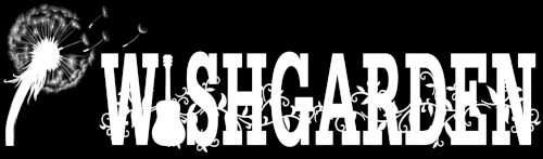 Wishgarden logo, white letters, the "i" is an acoustic guitar, there are vines and leaves flowing through the letters, and an image of a dandelion with seeds blowing in the wind, to the left of the logo.