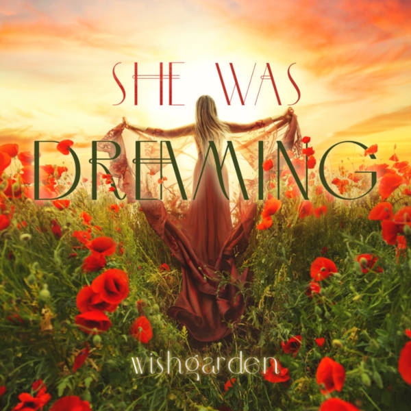 She was dreaming; ethereal woman standing with arms outstretched in filed of flowers. Wishgarden.